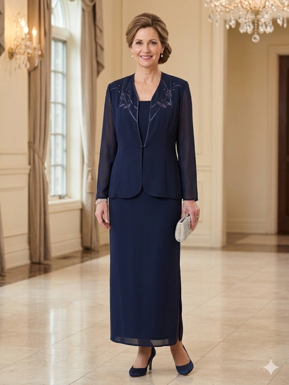 Suzanne G. Navy Blue Formal Maxi Dress Bolero Jacket Set Size 12